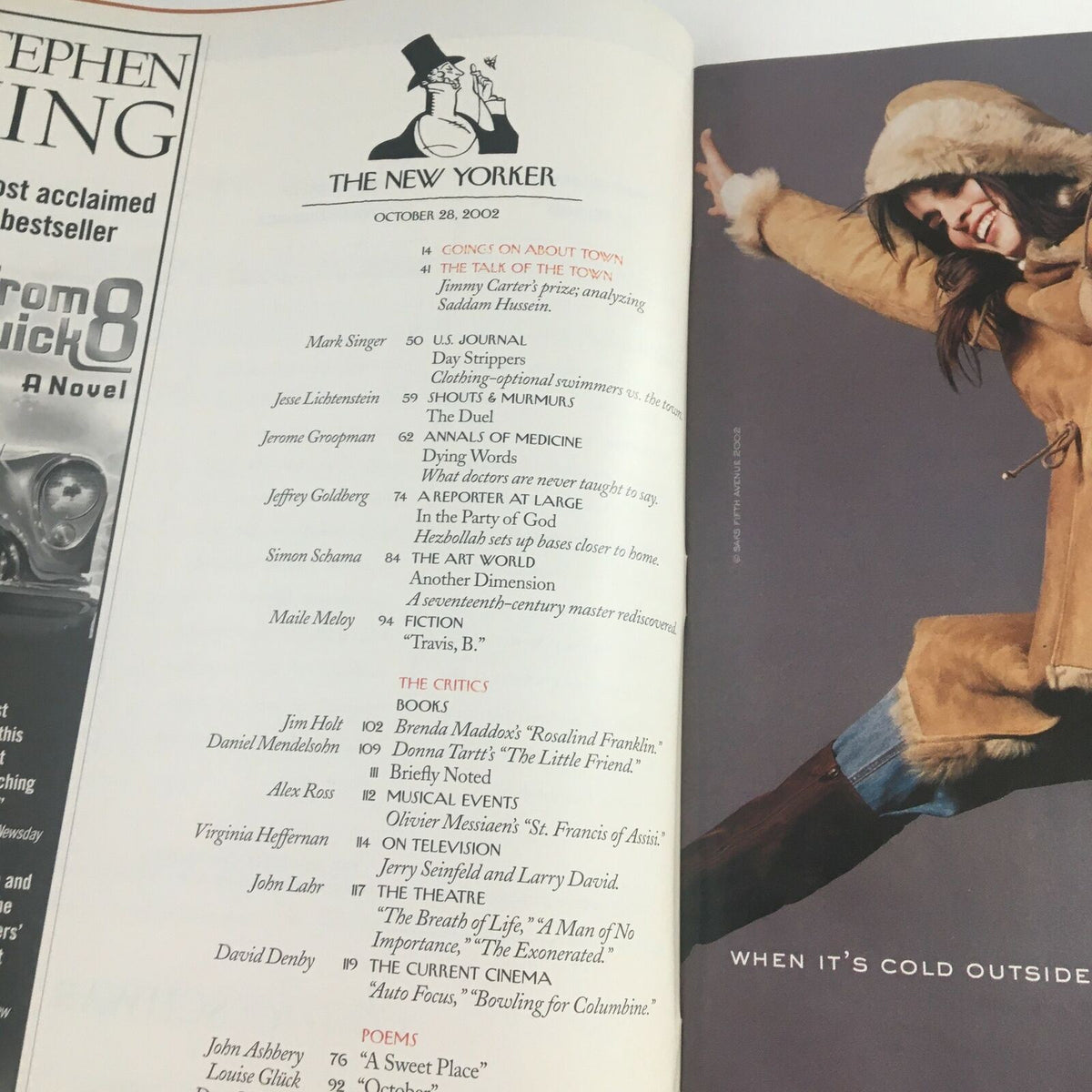 The New Yorker Full Magazine October 28 2002 listing of articles and contributors including names like Mark Singer and Simon Schama, showcasing the magazine's rich content.
