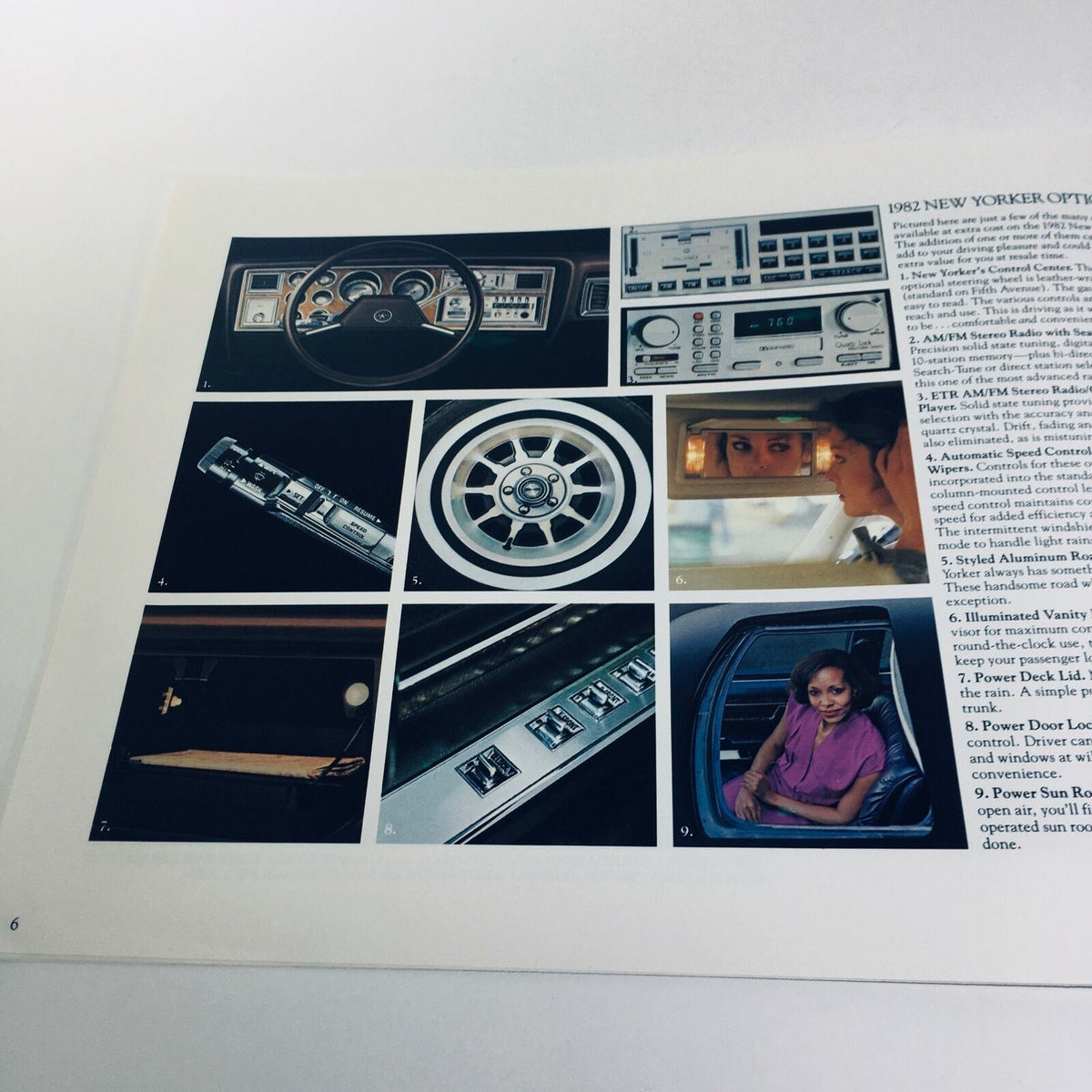 Detailed features page from the 1982 Chrysler New Yorker V-8 OHV 6-cyl OHV 8/81 Car Sale Brochure showcasing various interior options and controls.