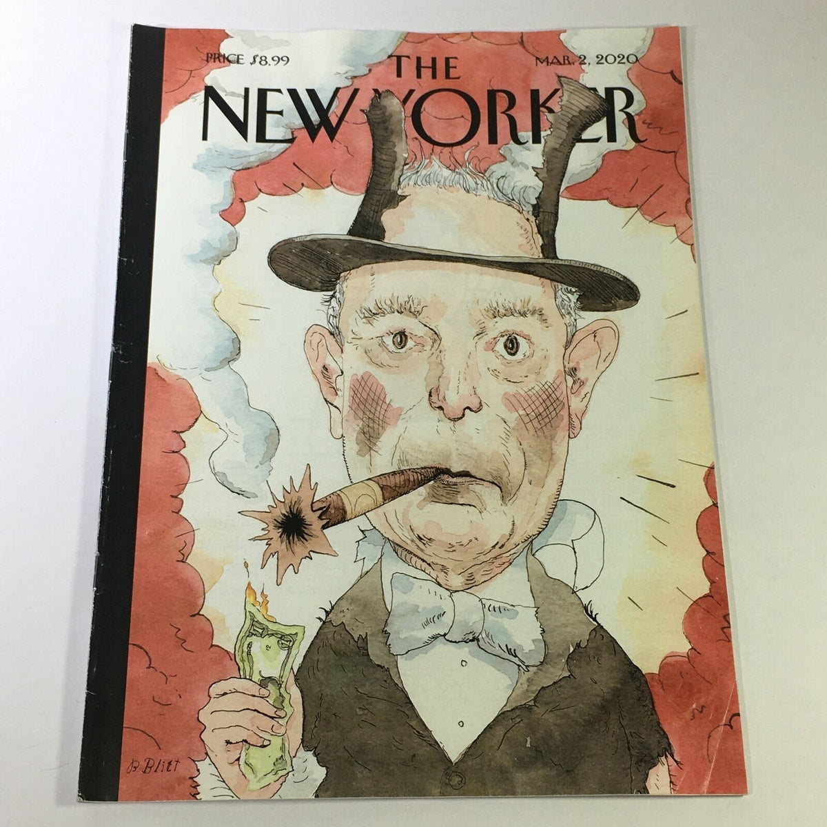 Cover of The New Yorker Magazine March 2 2020, featuring the illustration 'All The Money Can Buy' by Barry Blitt, depicting a man in a formal suit smoking a cigar, surrounded by dramatic red and white clouds.