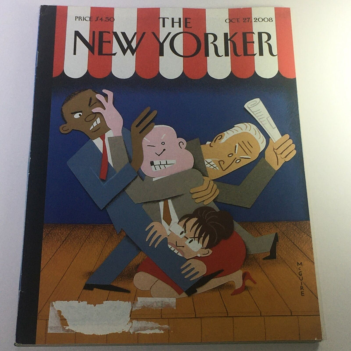 Cover of The New Yorker, October 27, 2008, featuring artwork by Richard McGuire, depicting a stylized scene with characters in a dynamic composition.