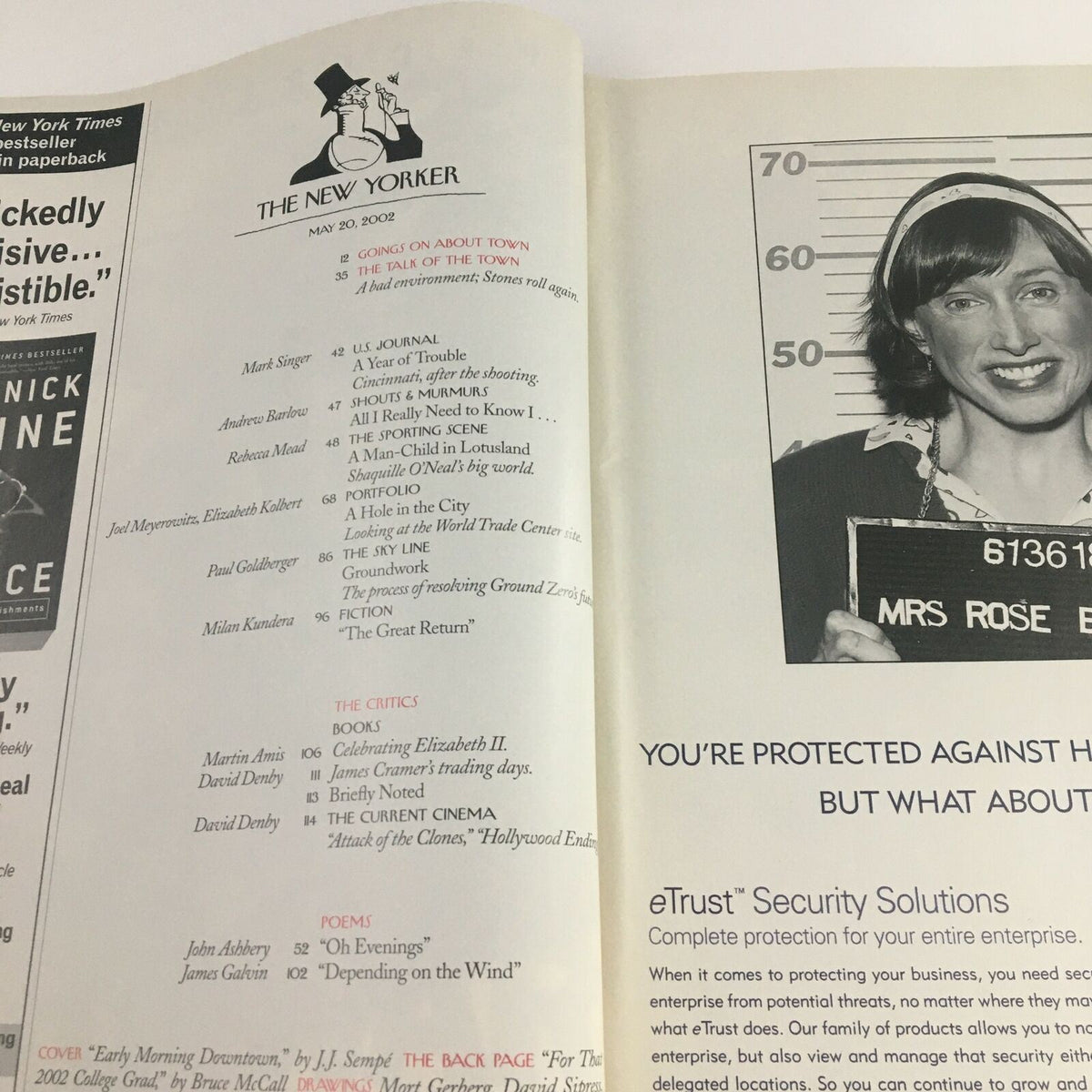 Inside pages of The New Yorker Magazine from May 20, 2002, showcasing an editorial spread with article titles and author names.