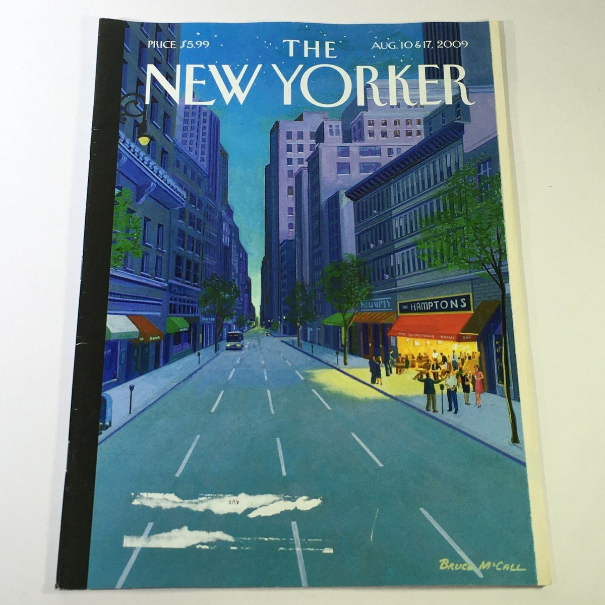 Cover of The New Yorker August 10 & 17, 2009 featuring artwork by Bruce McCall, depicting a city street scene with buildings and a vibrant sky.