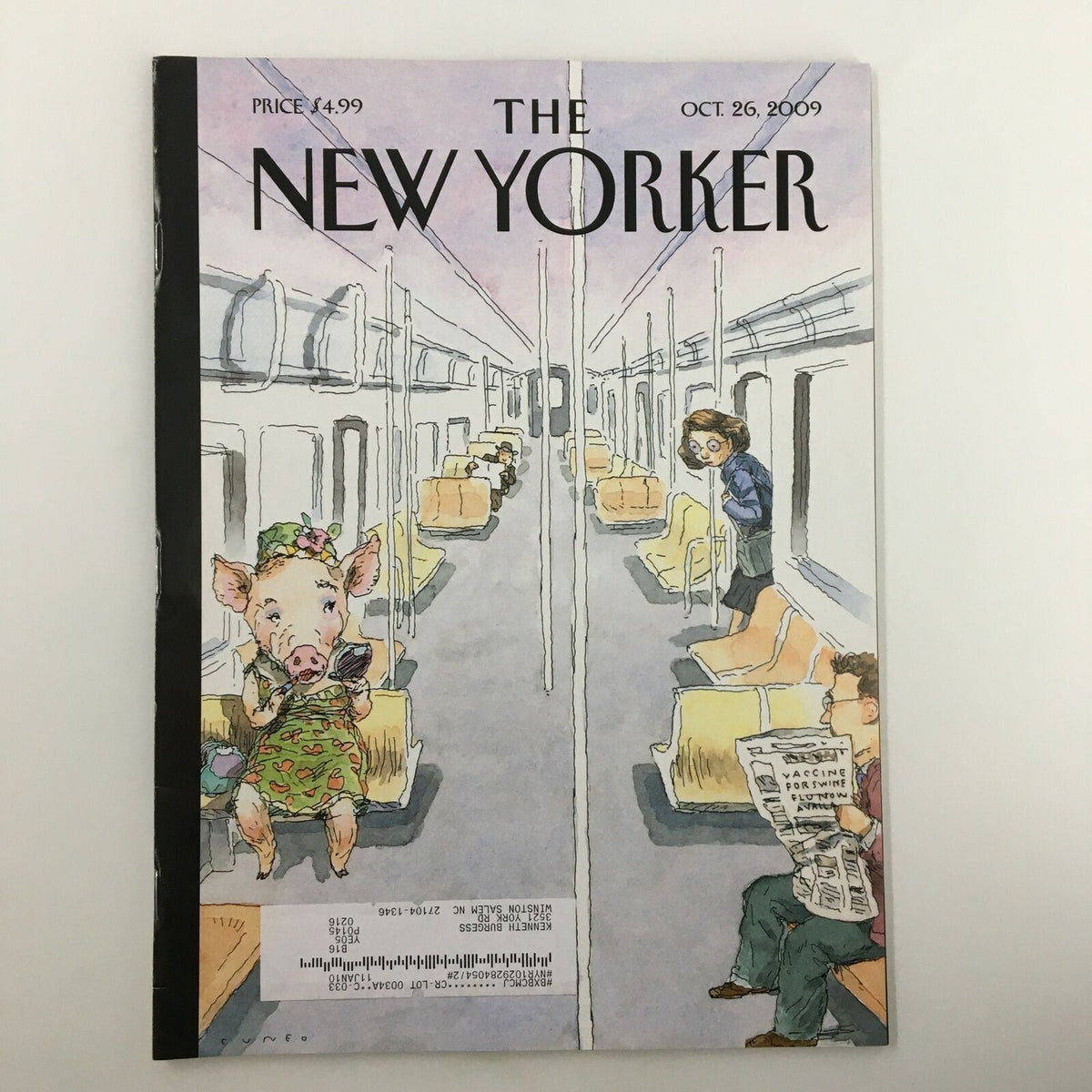 The New Yorker Full Magazine October 26 2009 cover featuring a whimsical illustration of a pig in a floral dress on a subway, highlighting the unique 'Flu Season' theme by John Cuneo.