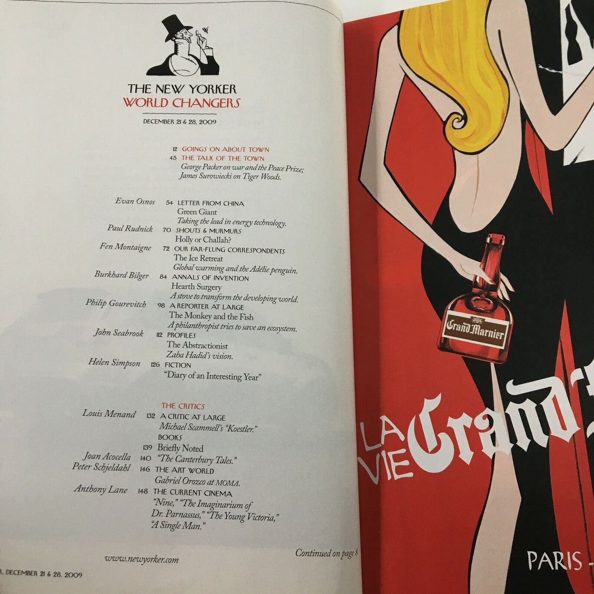 Interior page of The New Yorker Full Magazine December 21 2009 displaying the index of articles, including 'Letters from Abroad' and various contributors, presented in a classic layout.