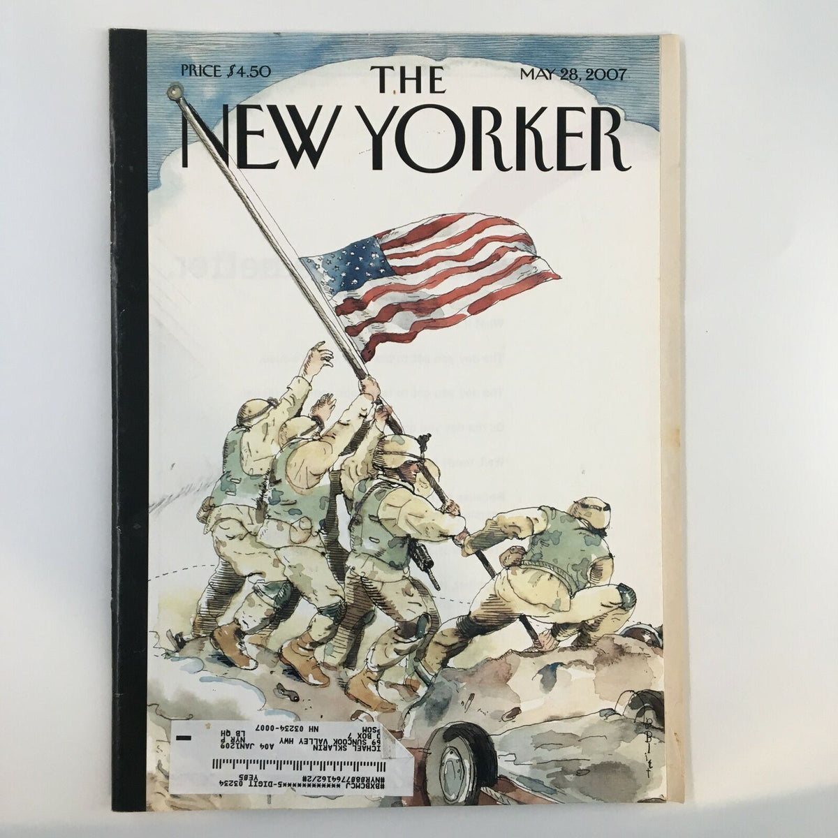 Cover of The New Yorker magazine, May 28, 2007, featuring the illustration "Half-Staff" by Barry Blitt, depicting soldiers raising the American flag.