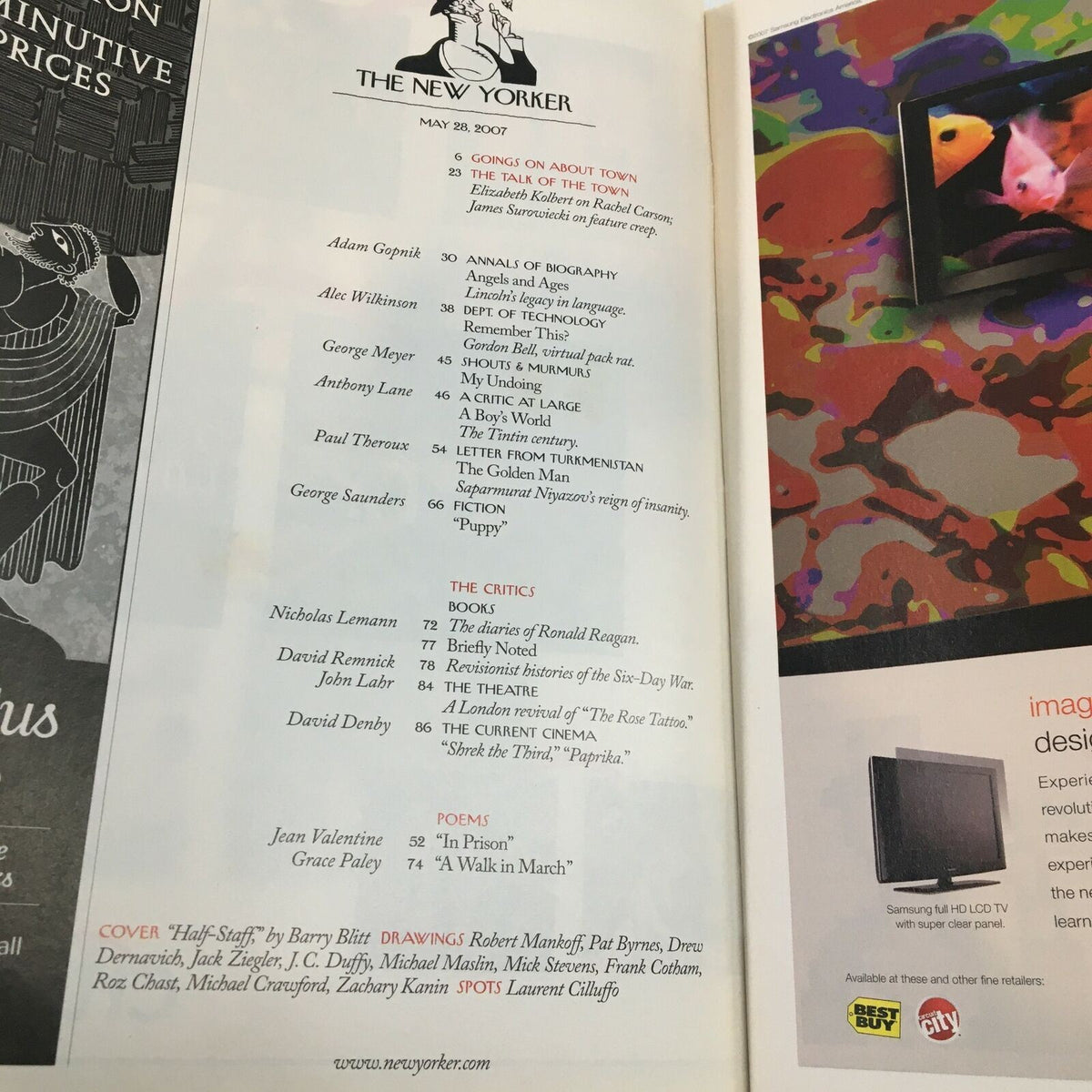 Table of contents page from The New Yorker magazine, May 28, 2007, including featured articles and contributors, noted for the cover illustration "Half-Staff" by Barry Blitt.
