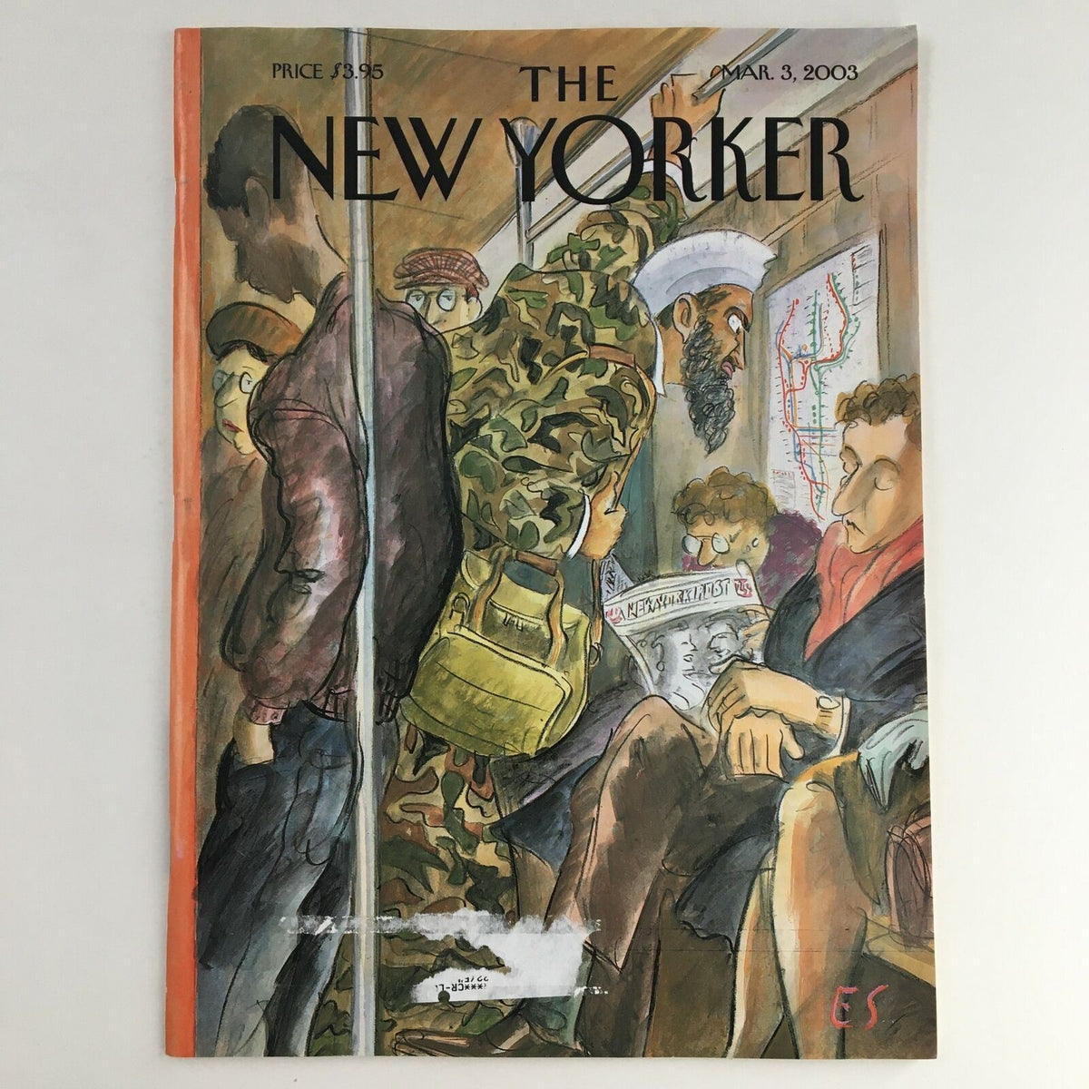 The New Yorker Full Magazine March 3 2003 cover featuring the artwork 'Tourist' by Edward Sorel, depicting a crowded subway scene with diverse characters.