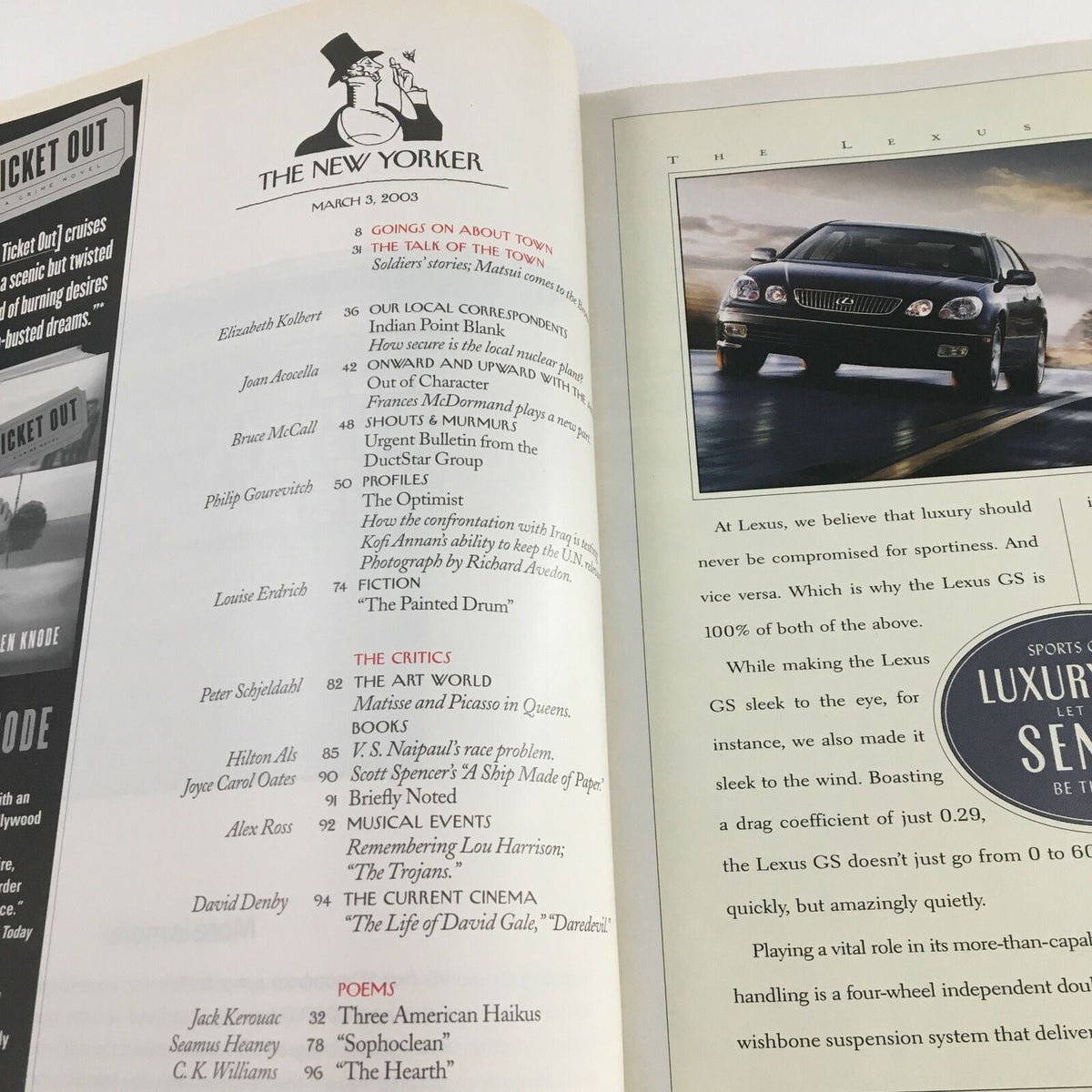 Interior page from The New Yorker Full Magazine March 3 2003, showcasing the table of contents with various column titles and contributors, highlighting its literary content.