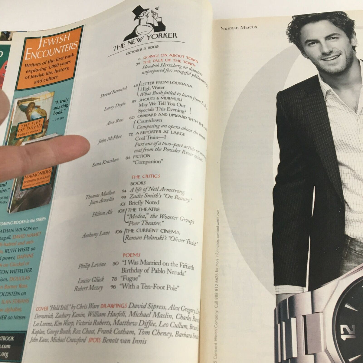 Interior page of The New Yorker Full Magazine October 3 2005 showcasing table of contents and features, with the title prominently displayed. Highlights artwork and articles from the issue.