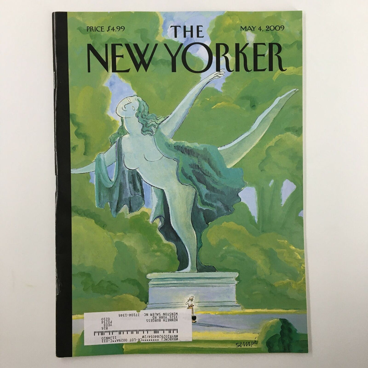 Cover of The New Yorker Full Magazine May 4 2009 featuring the artwork 'Power and Grace' by Jean Jacques Sempe, depicting a graceful statue in a lush green setting.