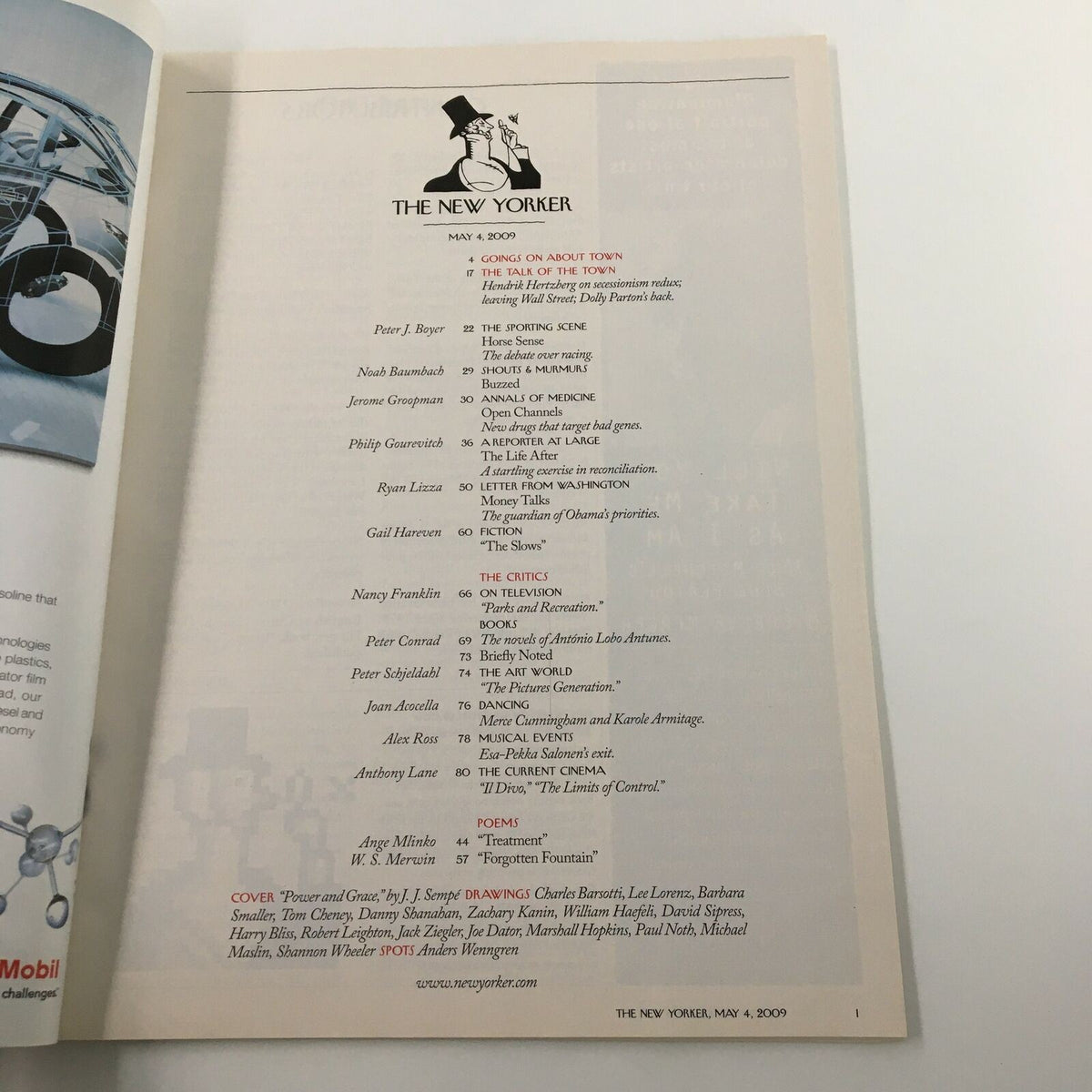 Contents page of The New Yorker Full Magazine May 4 2009, listing articles and contributors including a piece titled 'A GONK ON ABOUT TOWN'.