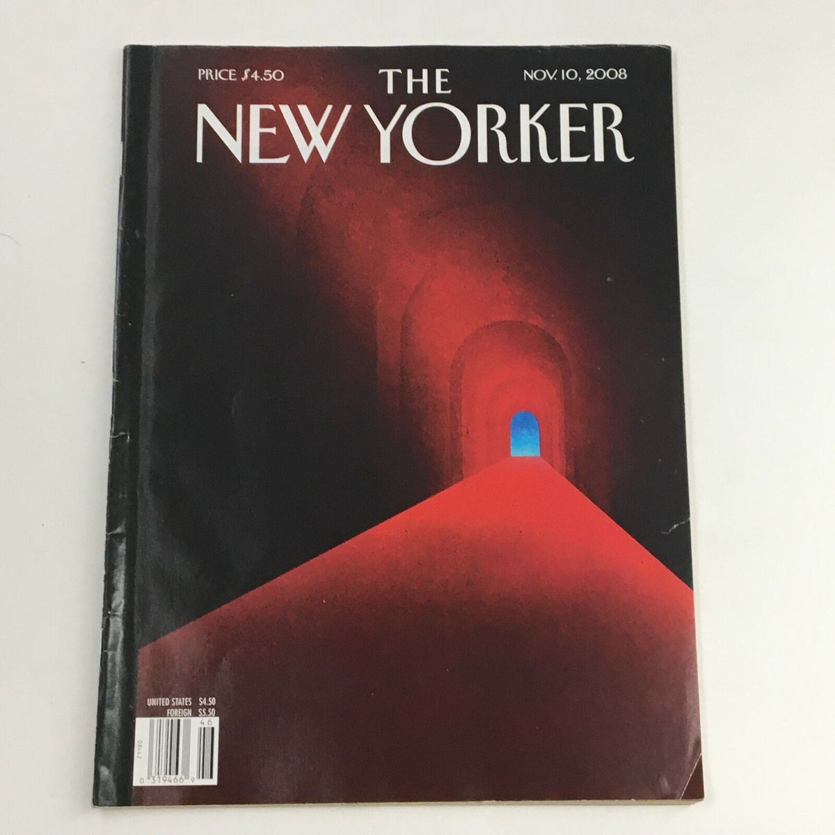 The New Yorker November 10 2008 magazine cover designed by Brian Stauffer, featuring a dramatic red tunnel leading to a blue light, highlighting the iconic artistry of this edition.