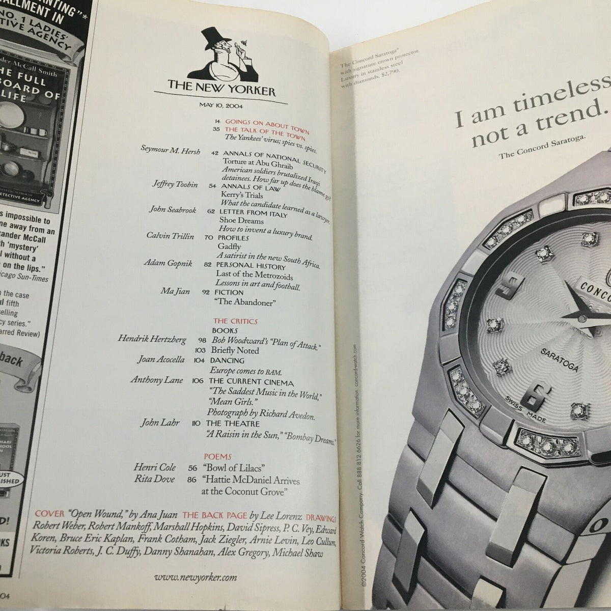 Interior shot of The New Yorker magazine May 10, 2004, featuring the table of contents with articles and contributors, showcasing content from this issue that bears the cover art 'Open Wound' by Ana Juan.