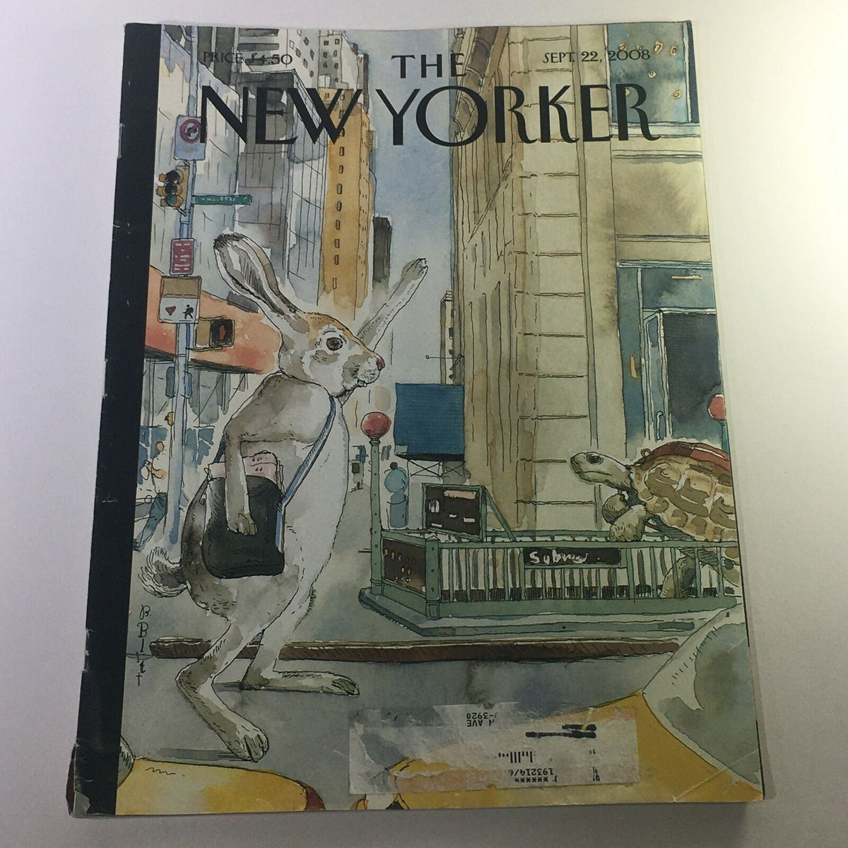 The New Yorker September 22 2008 cover featuring an illustrated scene with a rabbit carrying a bag and a turtle against an urban backdrop. Designed by Barry Blitt.