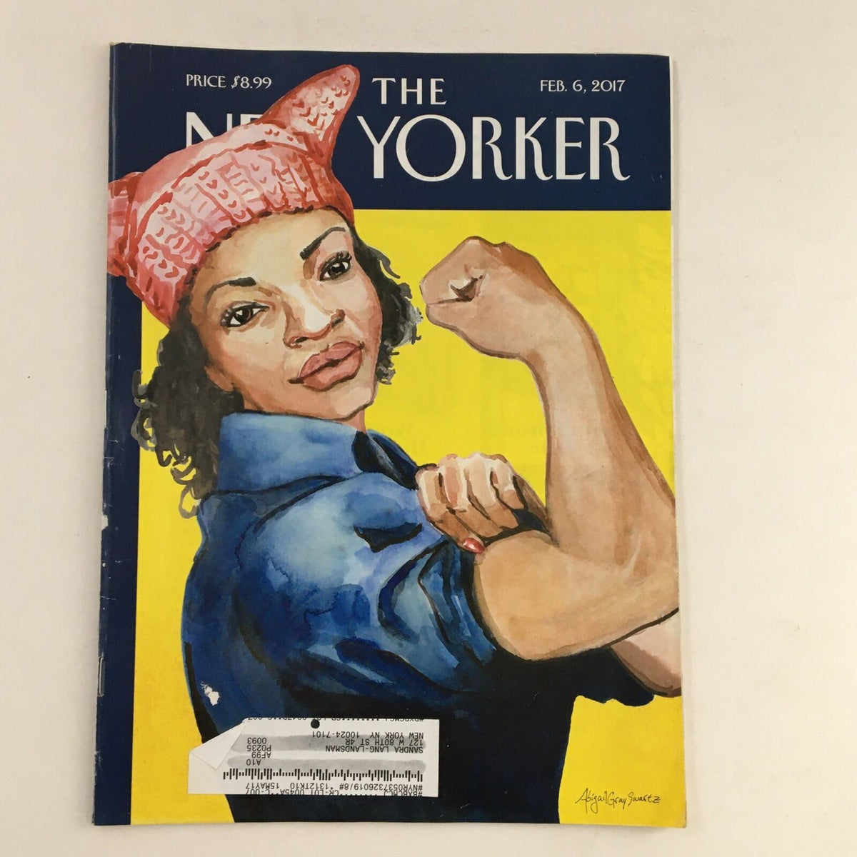 Cover of The New Yorker Full Magazine February 6 2017 featuring a bold illustration inspired by the Women's March, showcasing a woman in a pink hat with a strong pose.