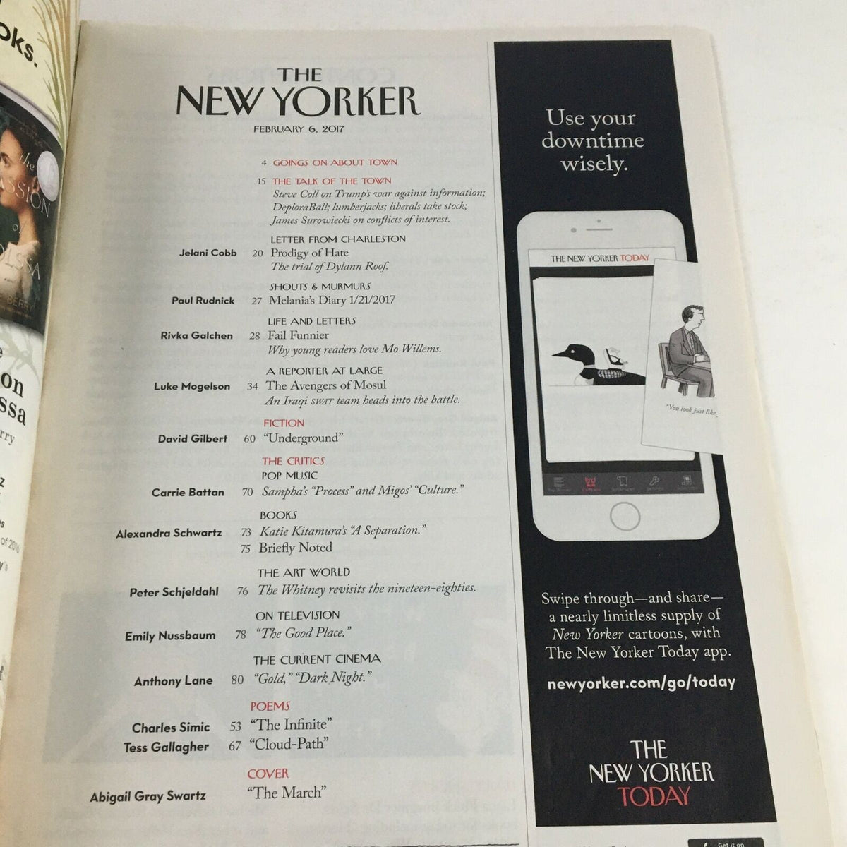 Inside page of The New Yorker Full Magazine February 6 2017 displaying the table of contents, highlighting articles including 'The March' by Abigail Gray Swartz.
