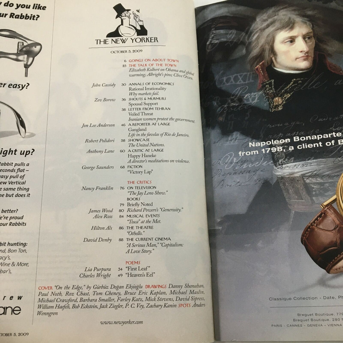 Inside page of The New Yorker Full Magazine October 5 2009 displaying the table of contents, including notable articles and contributors.