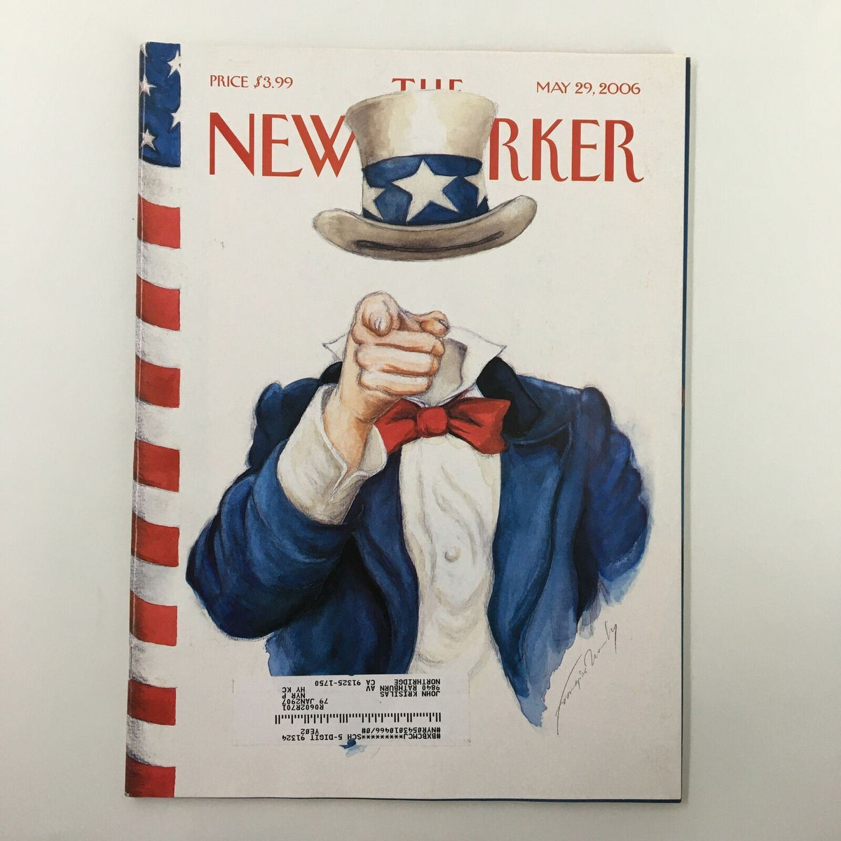 The New Yorker Full Magazine May 29 2006 Losing Face cover featuring a patriotic illustration with Uncle Sam pointing, showcasing iconic American imagery and the magazine's distinctive red and blue design.