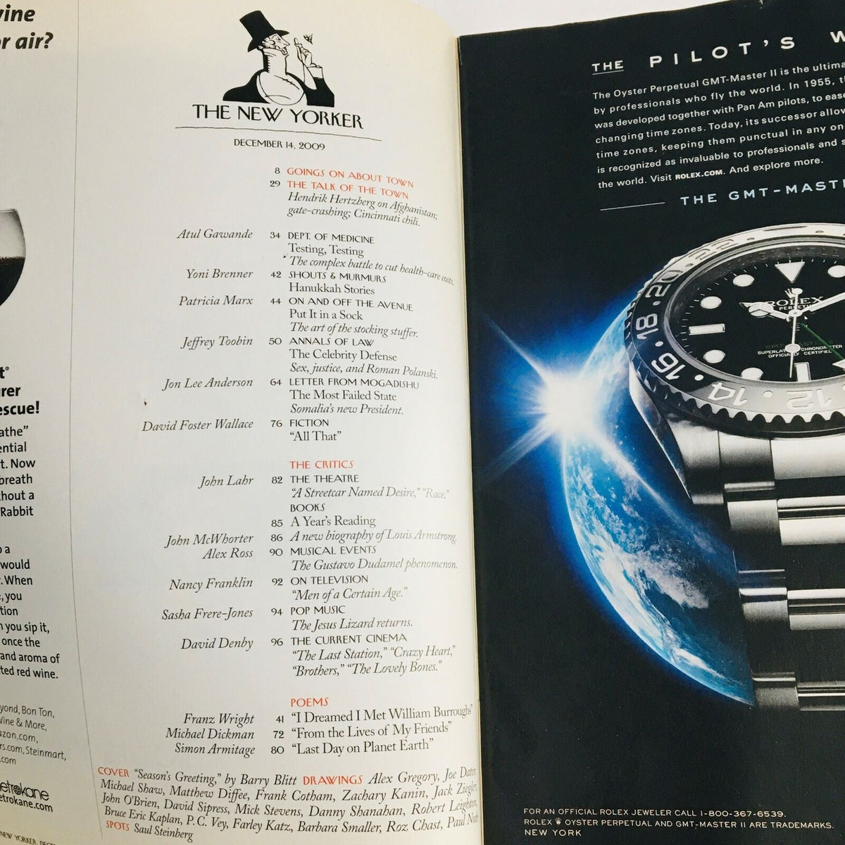The interior page of The New Yorker Magazine December 14 2009 showcasing the table of contents and an advertisement for a luxury watch.