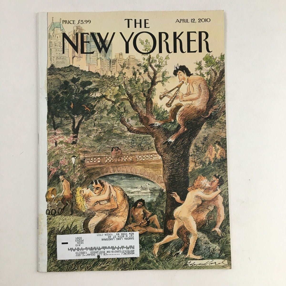 The New Yorker April 12 2010 Full Magazine Theme Cover by Edward Sorel, featuring a whimsical illustration of characters in a lush park setting, showcasing the artistic style and cultural themes of the era.