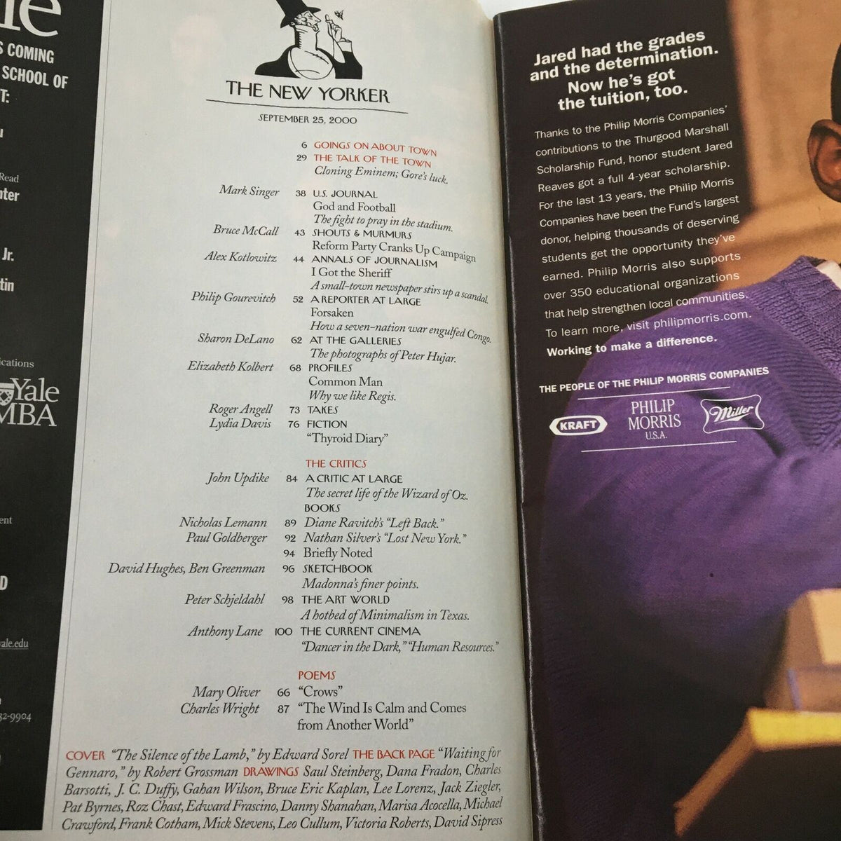 Table of contents from The New Yorker Magazine, September 25, 2000, listing articles and poems, including 'The Silence of the Lamb' by Edward Sorel.