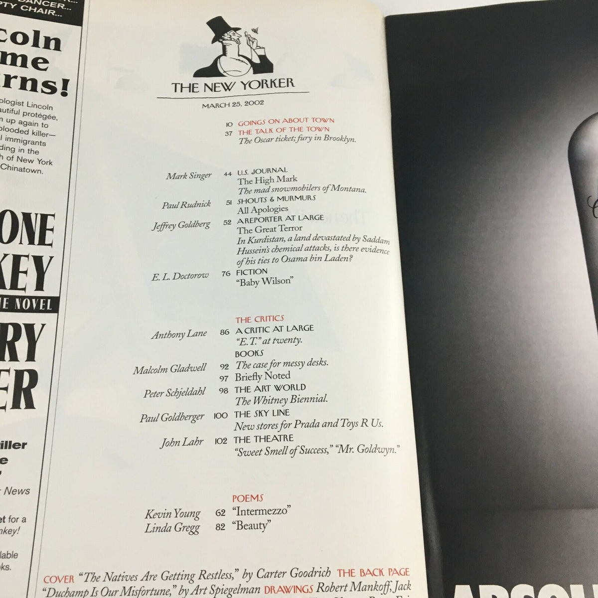 Inside page of The New Yorker Magazine from March 25, 2002, featuring a table of contents and editorial details, highlighting various articles and critics.