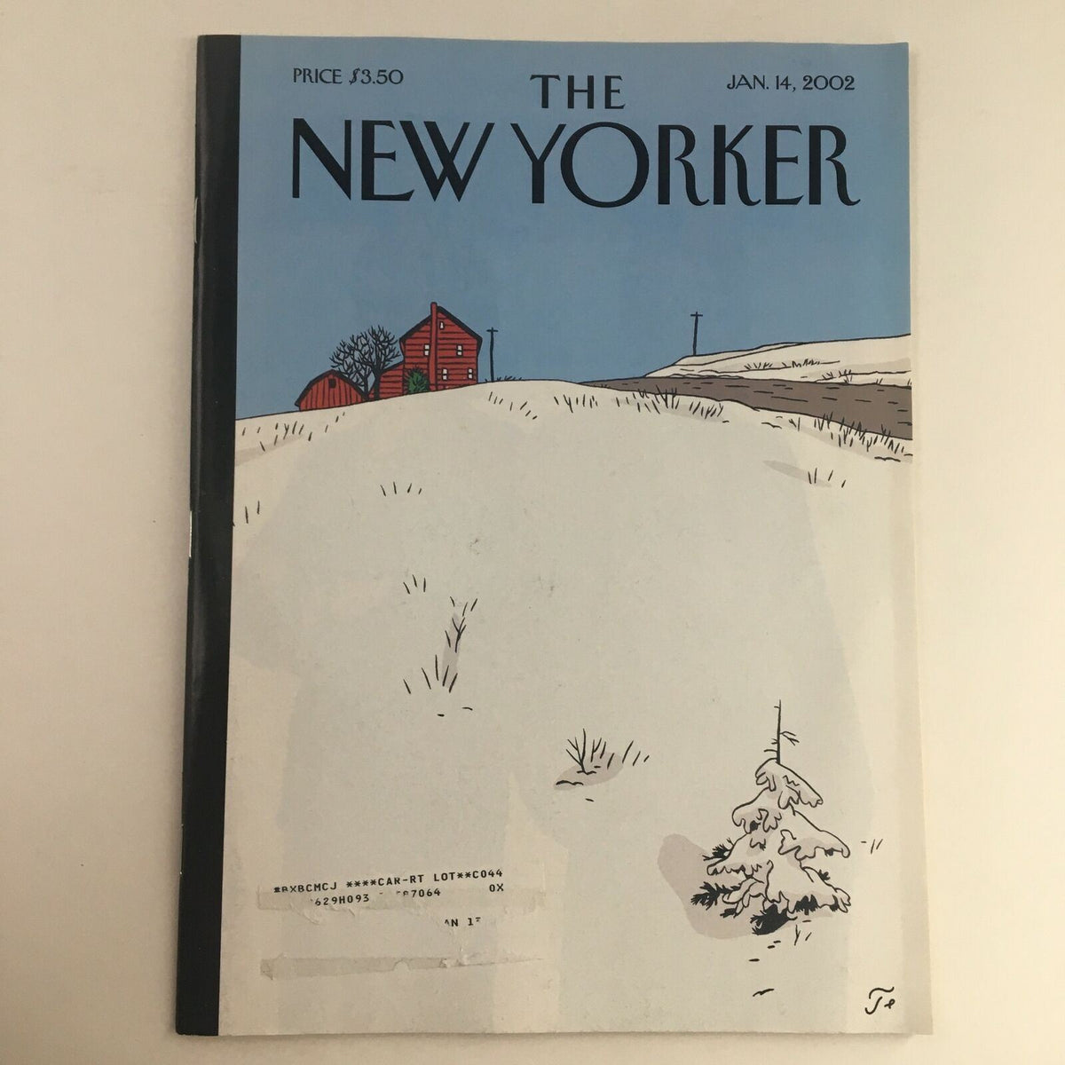 The New Yorker January 14 2002 magazine cover illustrated by Jean-Claude Floc'h, featuring a snowy landscape with a red barn and a lone tree.