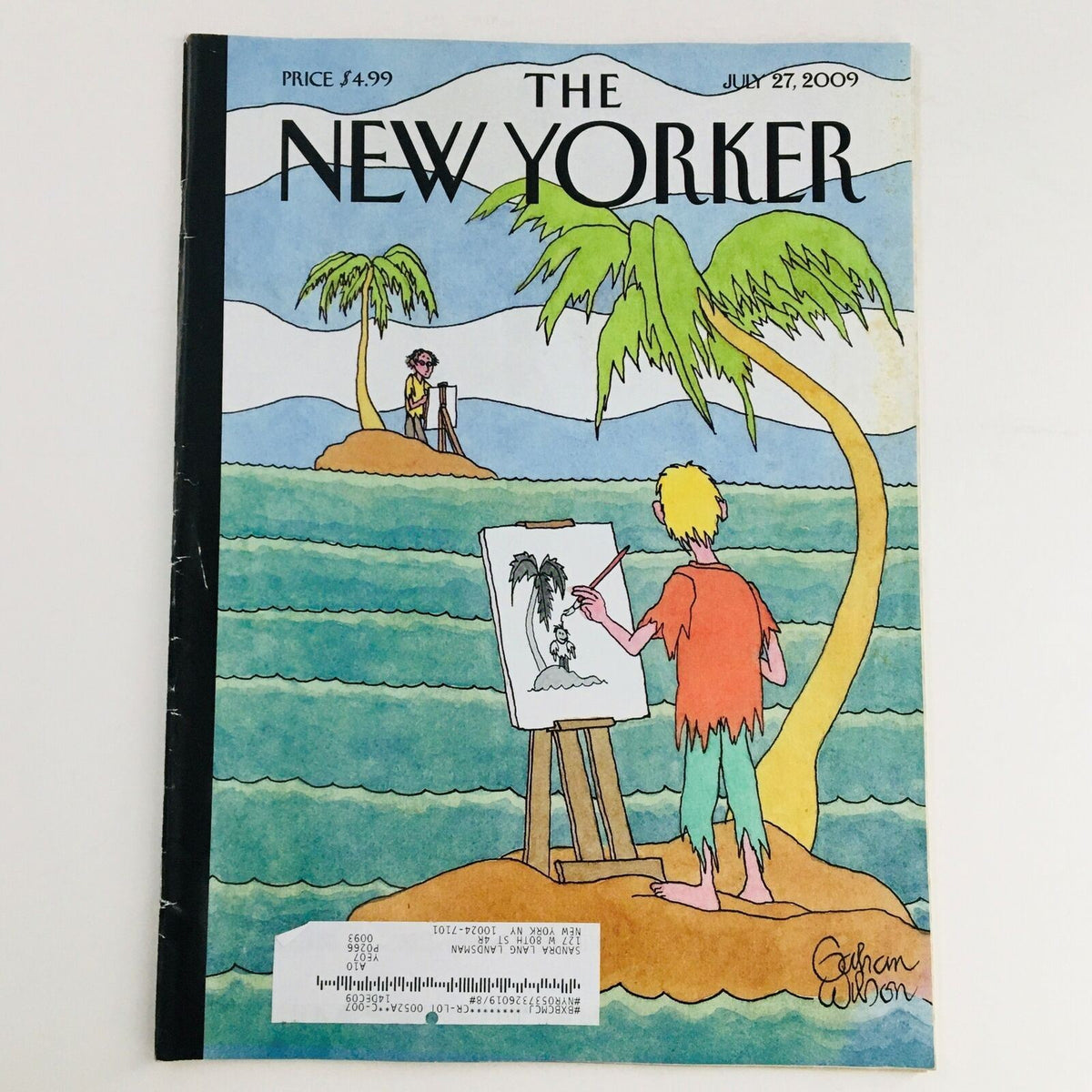 The New Yorker July 27 2009 magazine cover illustrated by Gahan Wilson, featuring a whimsical scene of a figure painting palm trees on a tropical island.