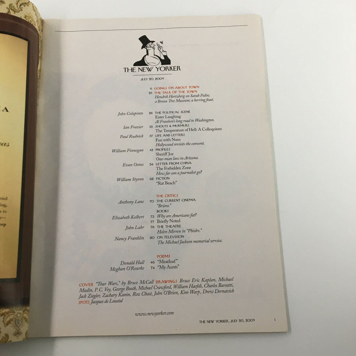 Contents page of The New Yorker magazine dated July 20, 2009, listing articles and features, including the humorous piece 'Tour Wars' by Bruce McCall.