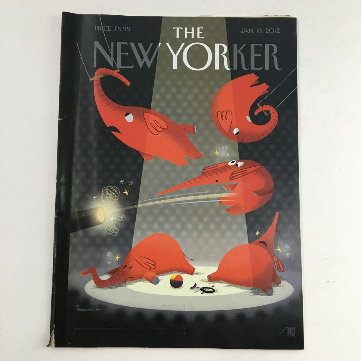 Cover of The New Yorker January 16 2012 featuring whimsical red elephants by illustrator Bob Staake, showcasing a blend of playful design and cultural commentary.