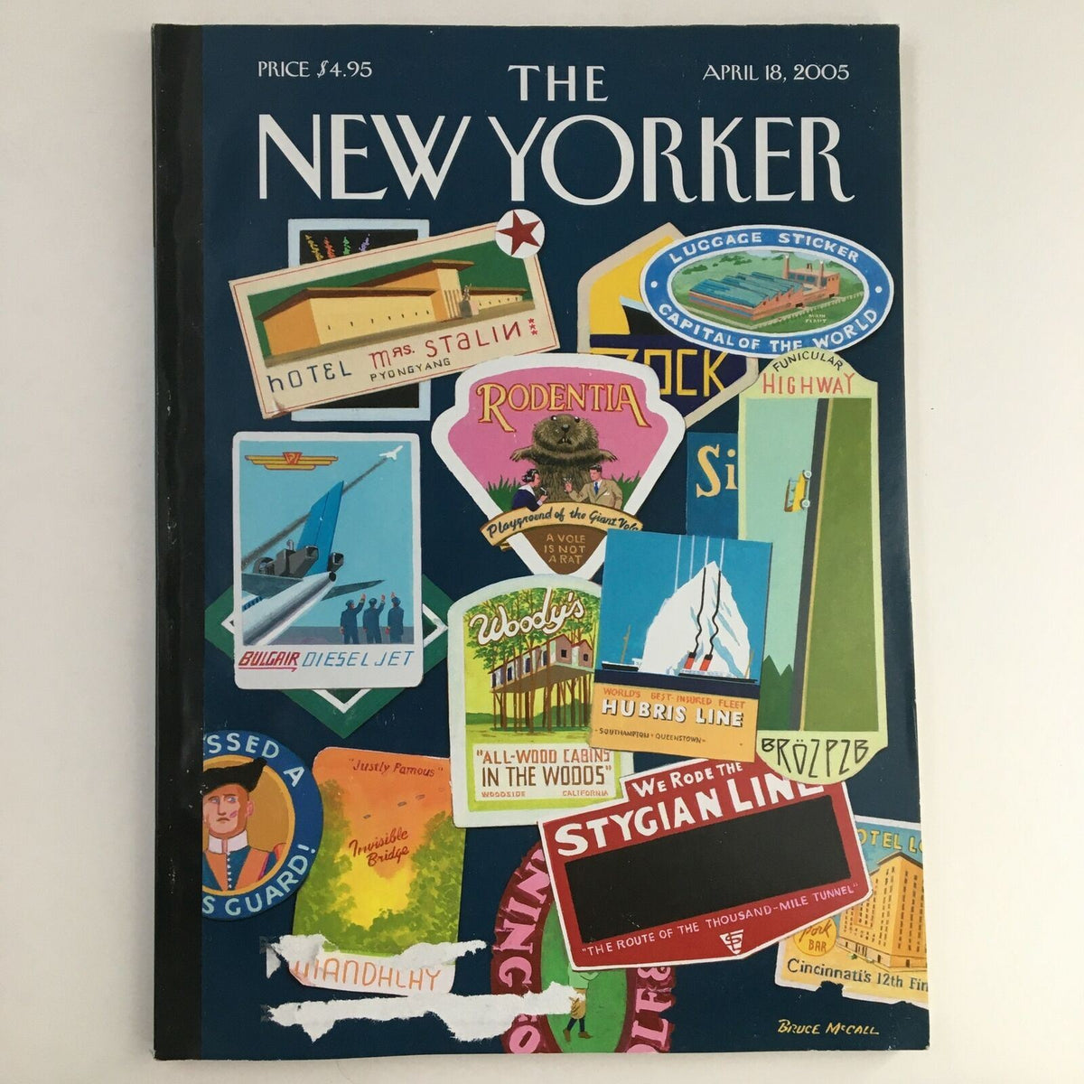 Cover of The New Yorker magazine, April 18, 2005, featuring whimsical luggage stickers and travel-related illustrations, highlighting the theme of 'The Dollar Problem' by Bruce McCall.
