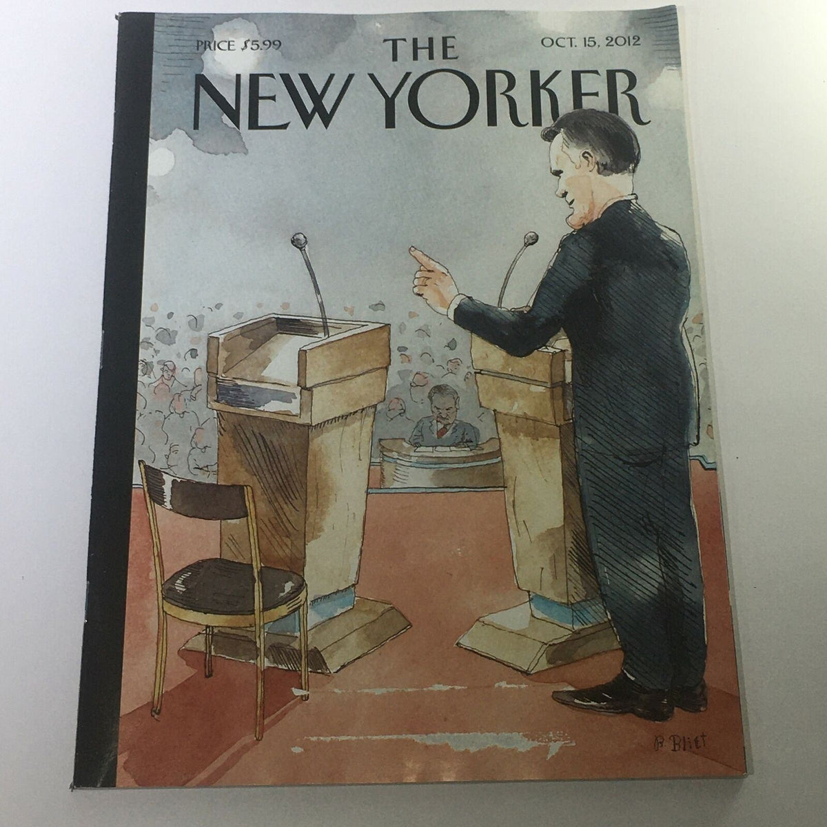 The New Yorker October 15 2012 magazine cover illustrated by Barry Blitt, depicting a political debate scene with empty podiums and a candidate engaging with an audience.