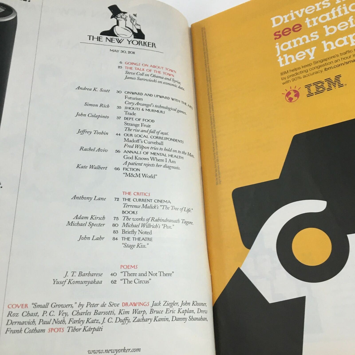 Interior page from The New Yorker May 30 2011, showcasing a table of contents with article titles and contributors, highlighting the magazine's editorial style.