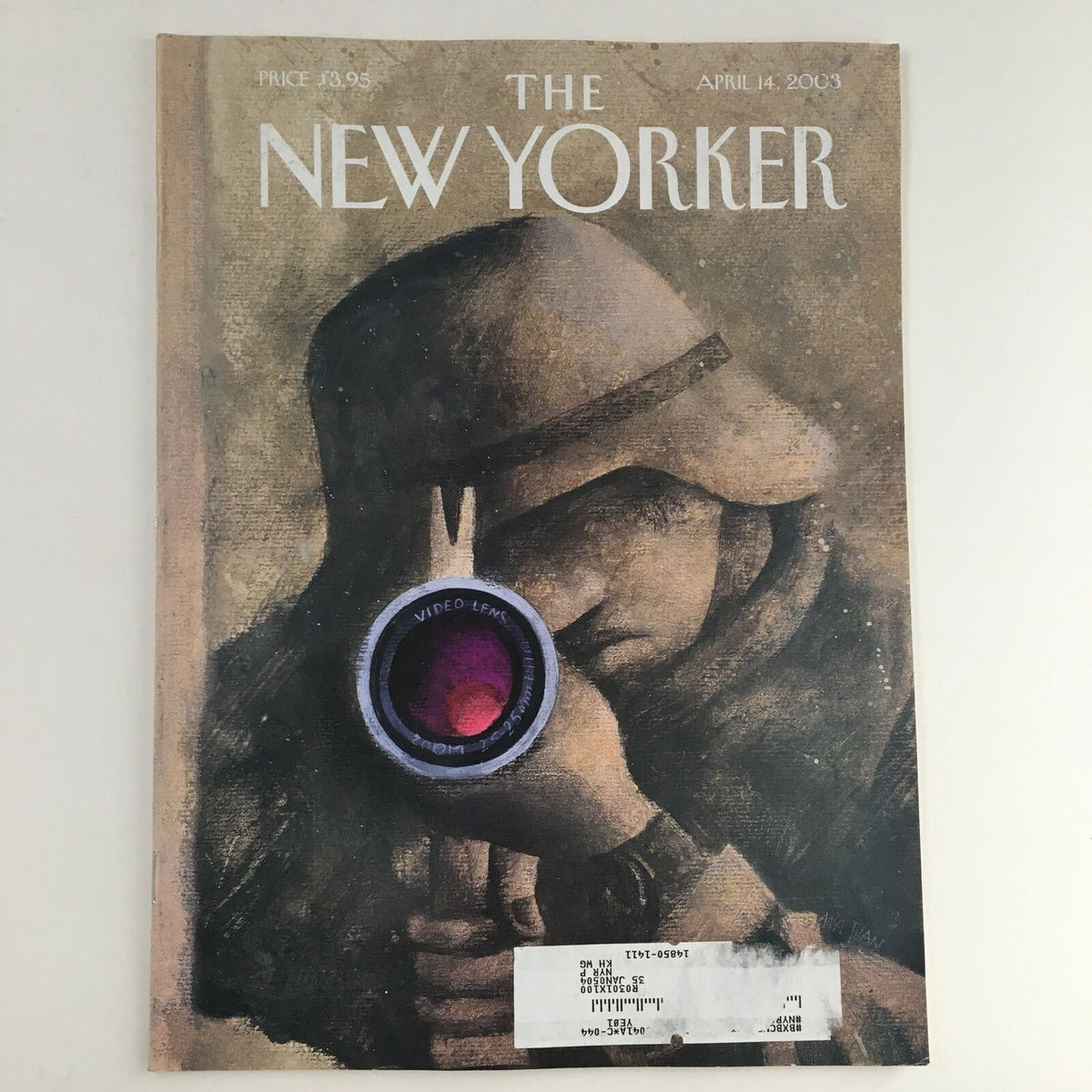 Cover of The New Yorker Full Magazine April 14 2003 featuring a poignant illustration by Ana Juan depicting a soldier with a camera in grayscale tones, commemorating the tribute to Michael Kelly.