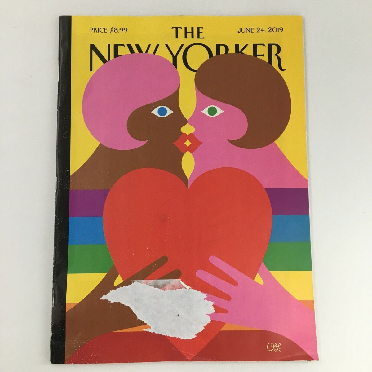 The New Yorker June 24 2019 Full Magazine Cover featuring vibrant artwork by Olimpia Zagnoli, depicting two figures kissing and holding a red heart against a colorful striped background.