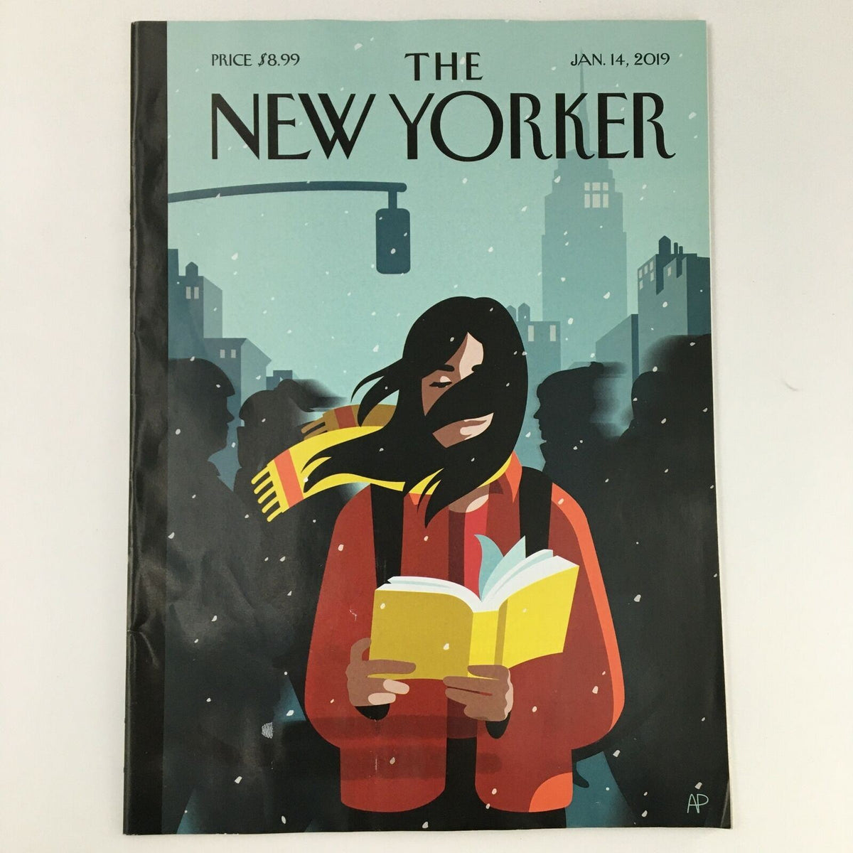 The New Yorker January 14 2019 cover featuring a woman reading a book in a snowy city setting, illustrated by Anna Parini.