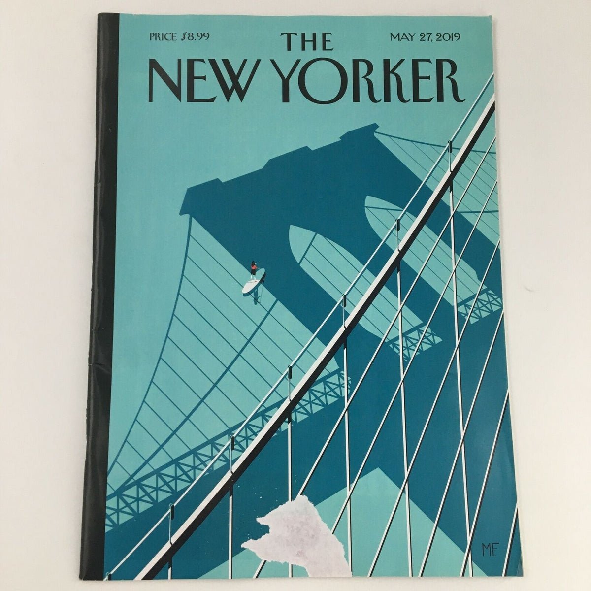 The New Yorker May 27 2019 magazine cover featuring a minimalist design by Malika Favre, showcasing the Brooklyn Bridge and a surfer in a serene blue color palette.