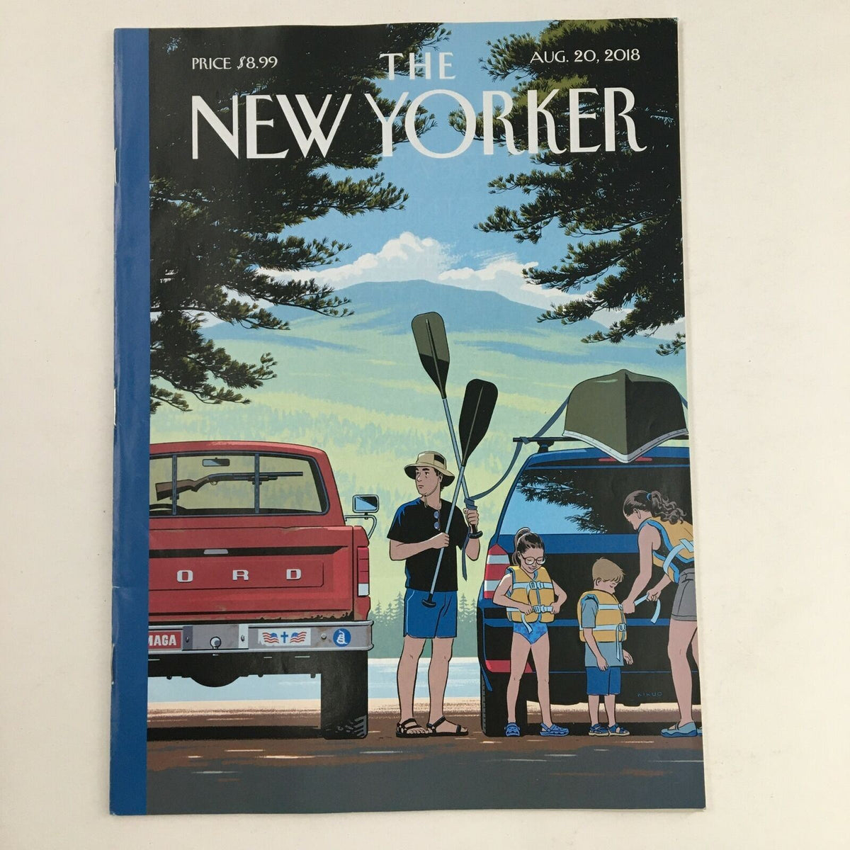 The New Yorker August 20 2018 Full Magazine Theme Cover by R. Kikuo Johnson featuring a scenic illustration with a man and children by a truck and car, evoking themes of family and outdoor adventure.