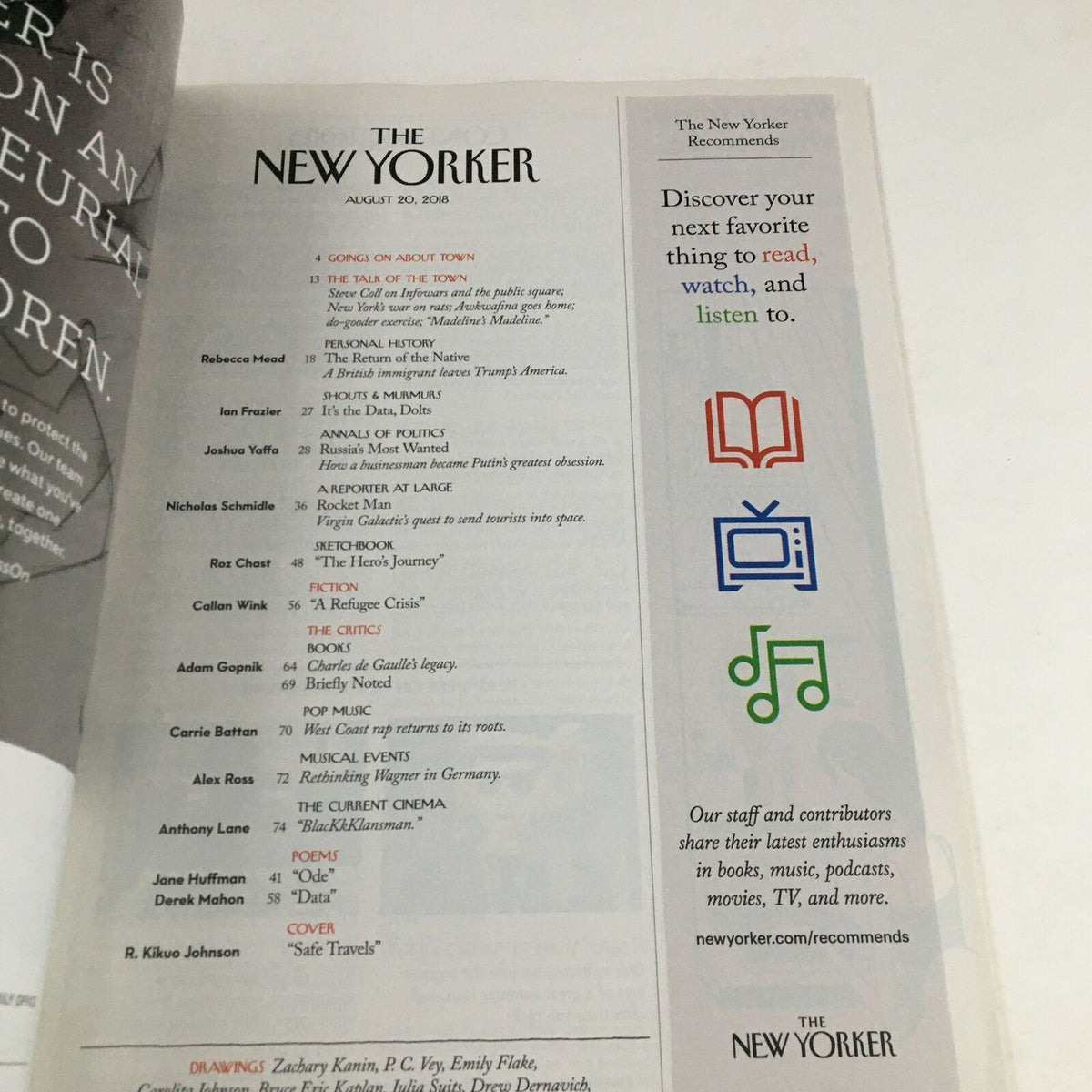 The New Yorker August 20 2018 magazine interior page showcasing a recommendations list for books, movies, and podcasts, reflecting the publication's commitment to cultural insights and literary engagement.