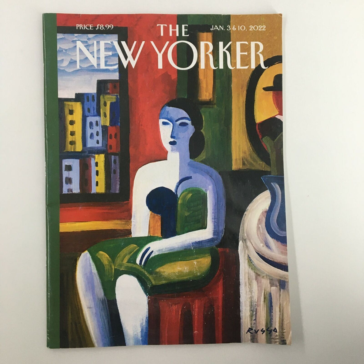 The New Yorker Full Magazine January 3 2022 cover featuring a colorful painting by Anthony Russo, showcasing a seated woman against a vibrant backdrop.