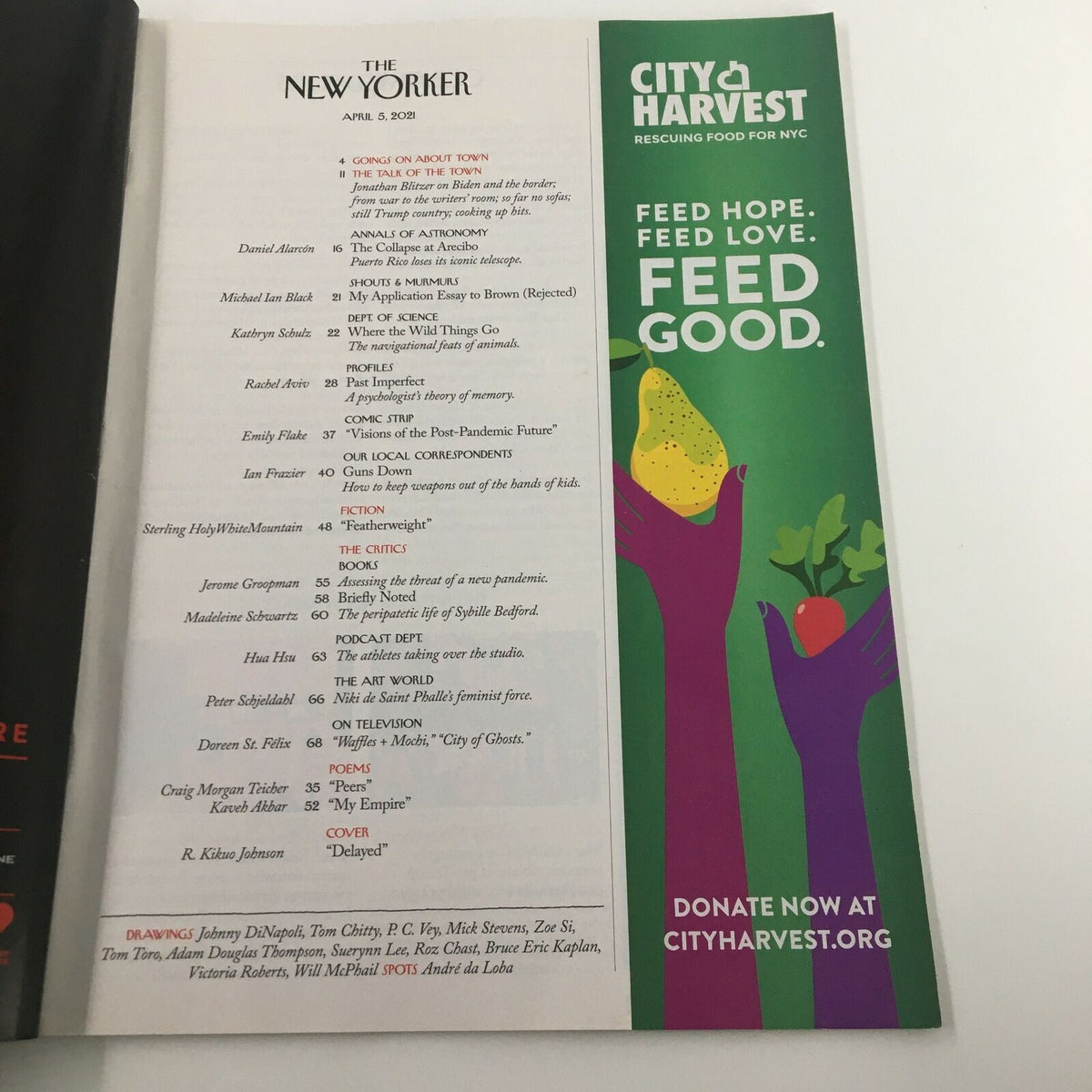 The New Yorker Full Magazine April 5, 2021 interior page showcasing the table of contents and an advertisement for City Harvest, reflecting New York's community focus.