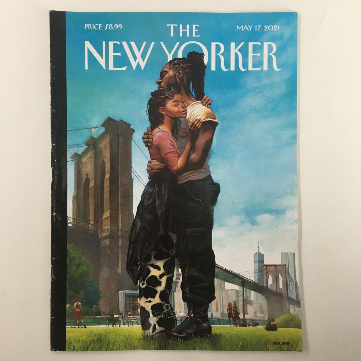 Cover of The New Yorker Full Magazine May 17 2021 featuring the artwork 'Home Coming' by Kadir Nelson, depicting a couple embracing with the Brooklyn Bridge in the background.