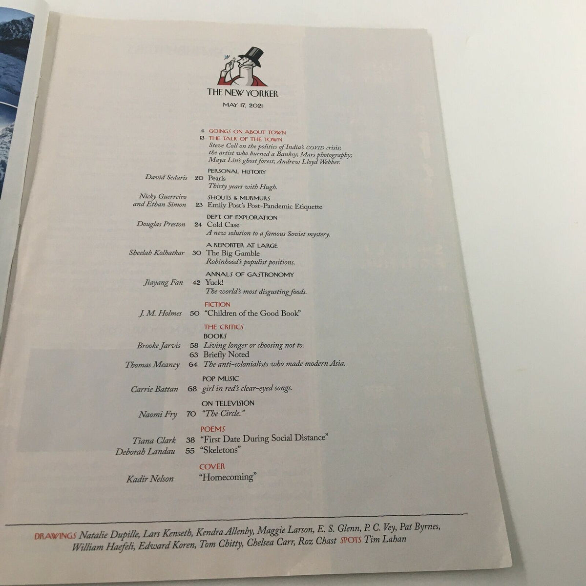 Contents page of The New Yorker Full Magazine May 17 2021 listing articles and features, including a piece titled 'Children of the Good Book' and the cover art by Kadir Nelson.