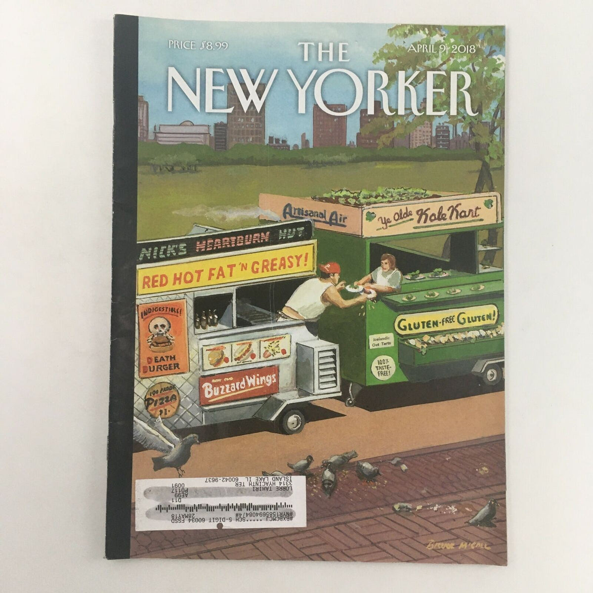 The New Yorker April 9 2018 Full Magazine Cover by Bruce McCall, featuring whimsical food trucks and a vibrant street scene, capturing the essence of contemporary illustration.