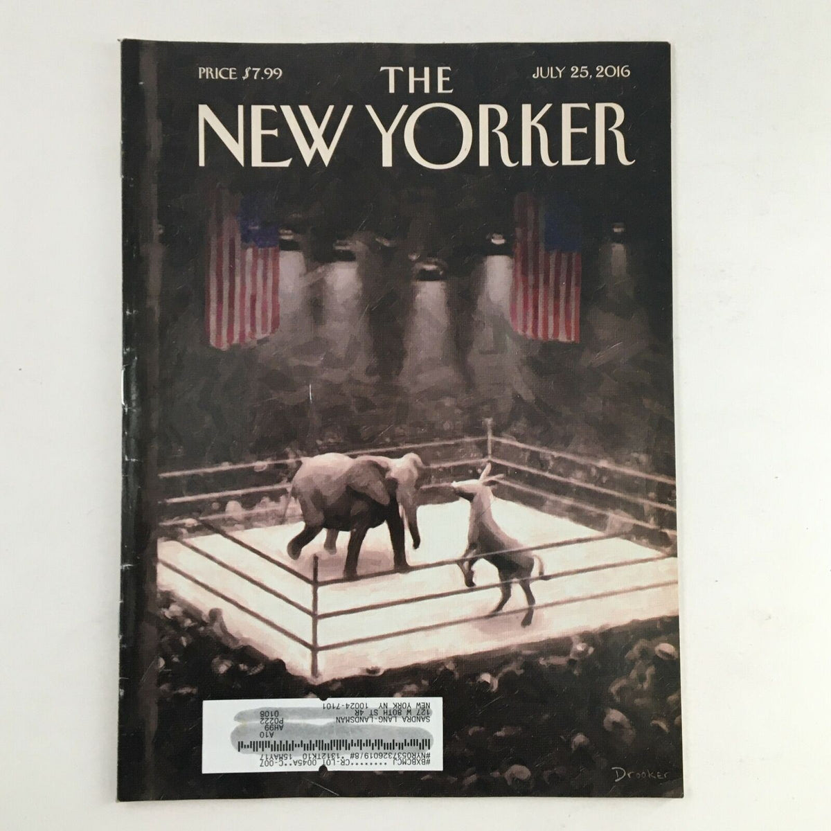 The New Yorker Full Magazine July 25 2016 featuring the captivating cover artwork titled 'The Fight Begins' by Eric Drooker, depicting an artistic representation of a boxing ring with elephants and symbols of America in the background.