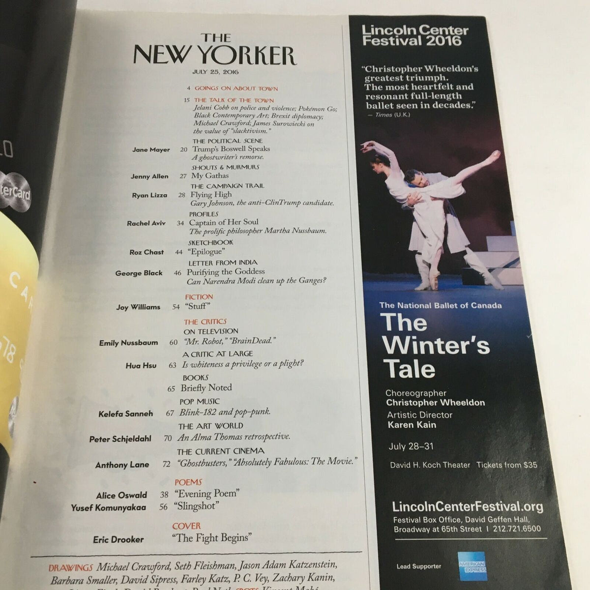 Inside page of The New Yorker Full Magazine July 25 2016, showcasing the table of contents including notable articles and features of the issue, highlighting the artistic contributions of Eric Drooker and various writers.