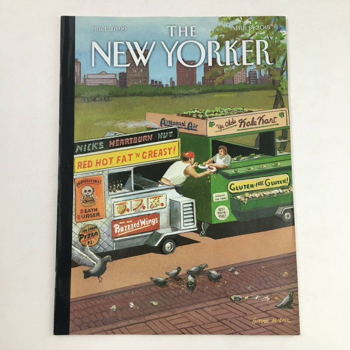 The New Yorker April 9 2018 Full Magazine Cover by Bruce McCall featuring colorful food trucks and pigeons.