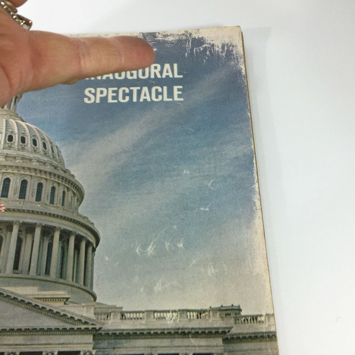 Close-up view of the cover of VTG Life Magazine January 29 1965, highlighting the Inaugural Spectacle title with slight wear, emphasizing its vintage charm.