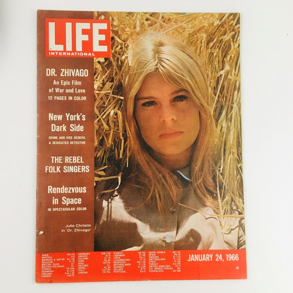 Cover of Life International Magazine from January 24, 1966 featuring Julie Christie from Dr. Zhivago, highlighting articles on film and cultural topics.