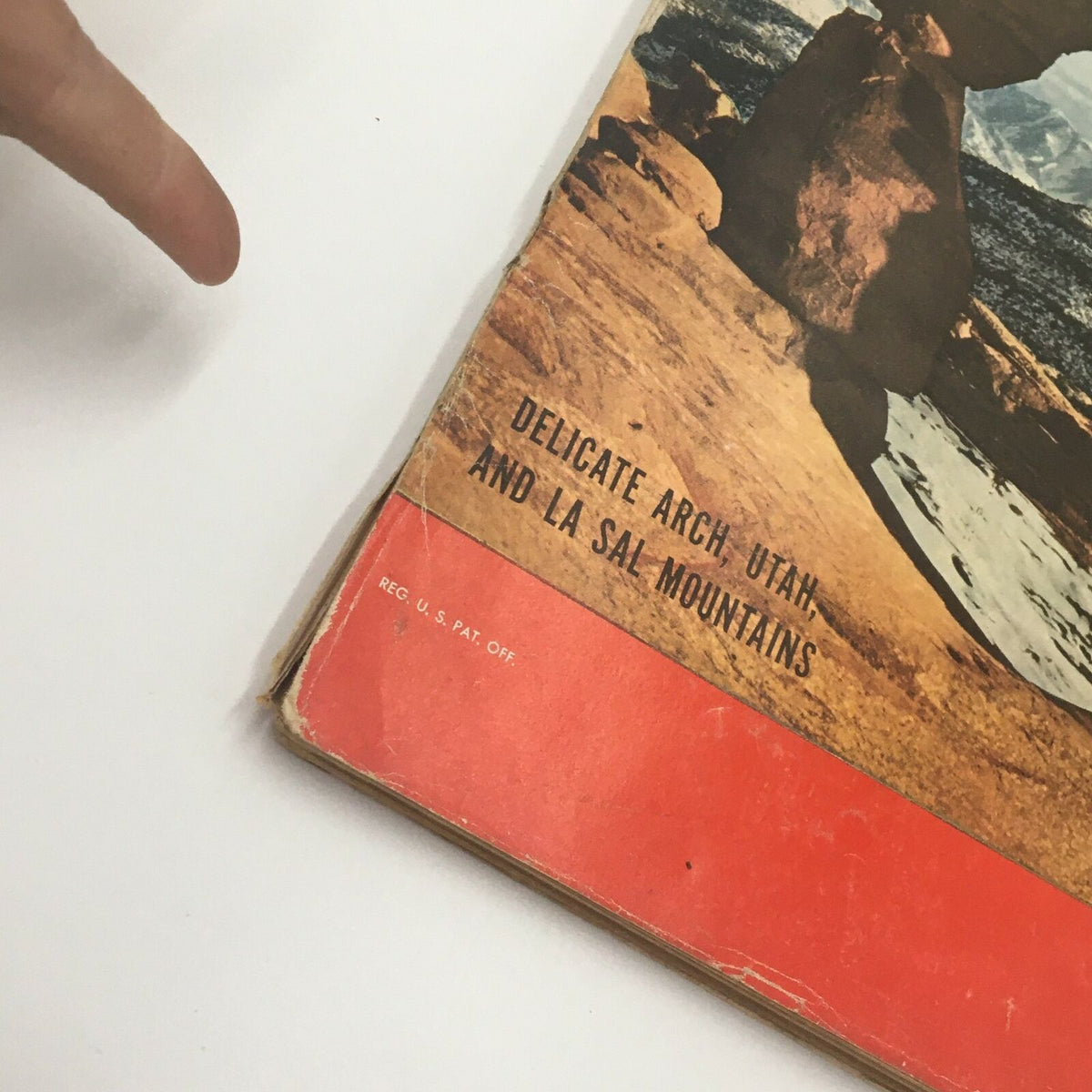 Section of VTG Life Magazine April 13 1953 displaying the caption 'Delicate Arch, Utah, and La Sal Mountains'.